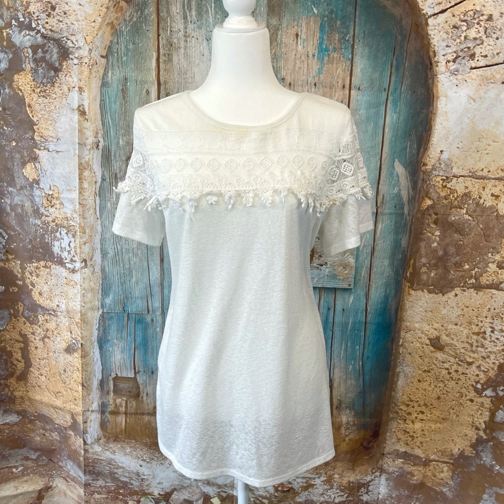 Loramendi-White Lace Bodice Dressy Short Sleeve